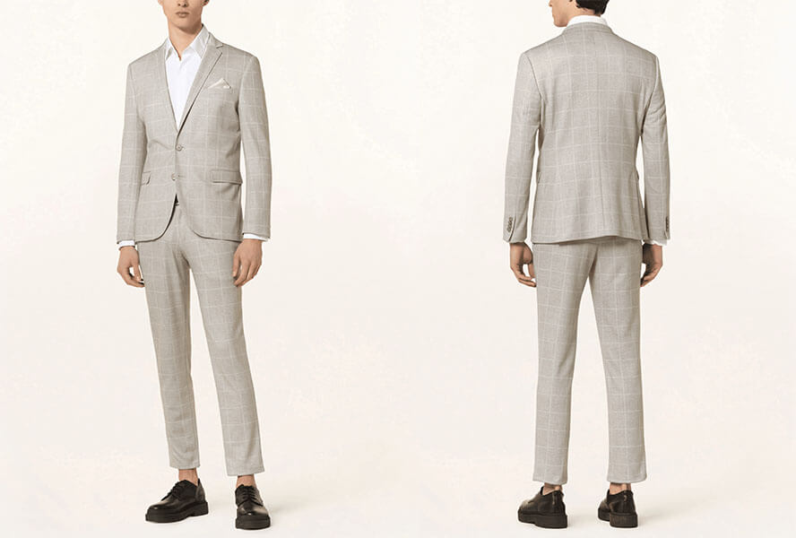 Grau karierter Anzug mit weißem Hemd, Einstecktuch und braunen Schnürschuhen