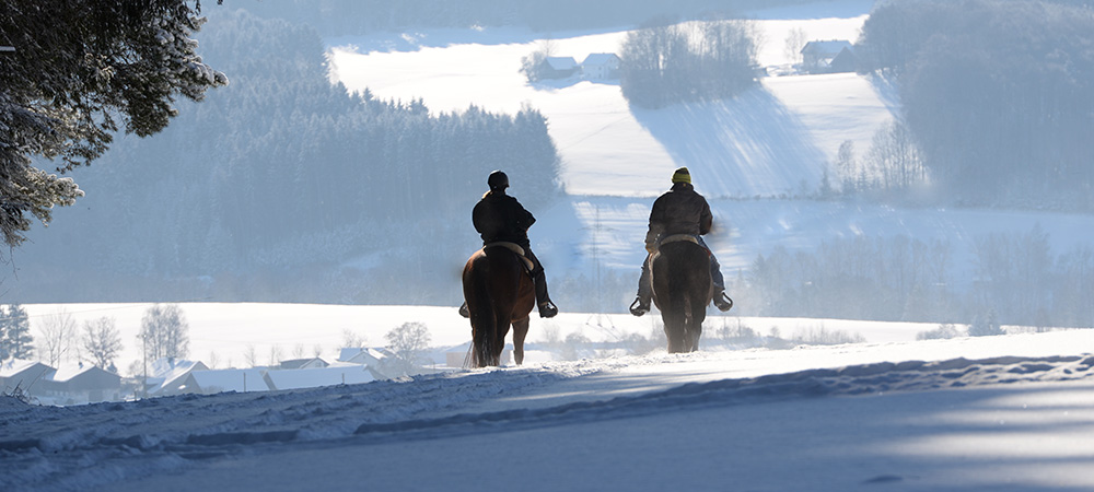 Zwei Reiter reiten über ein schneebedecktes Feld
