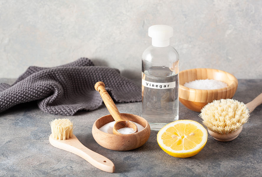 Natürliche Zutaten für die Vorwäsche: Zitrone, Essig, Salz und Bürste