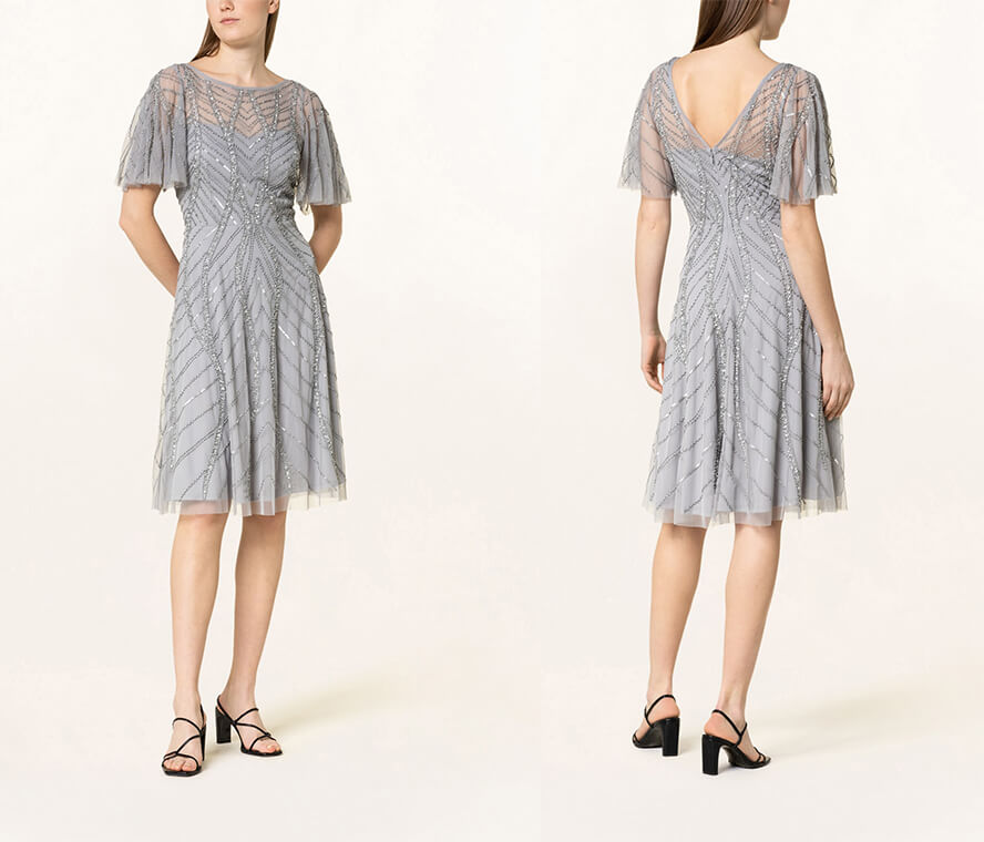 Ausgestelltes Kleid in grau mit silbernen Akzenten für die Silberhochzeit
