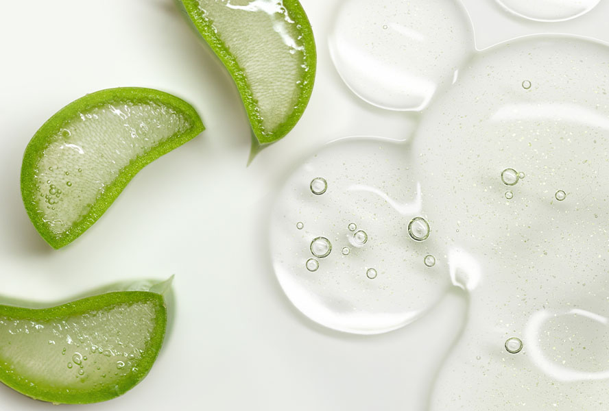 Tiegel, Holzlöffel und Schale mit Aloe Vera Scheiben