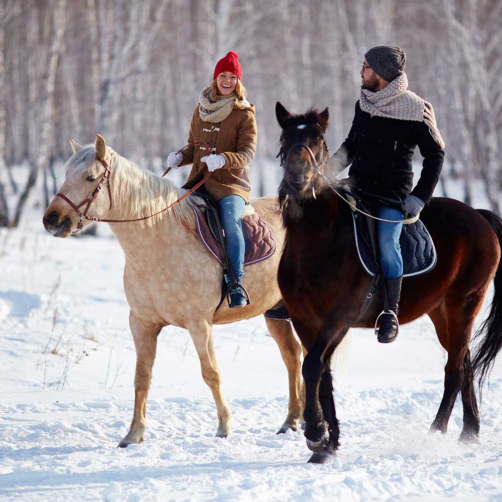 Reiterin galoppiert über ein schneebedecktes Feld